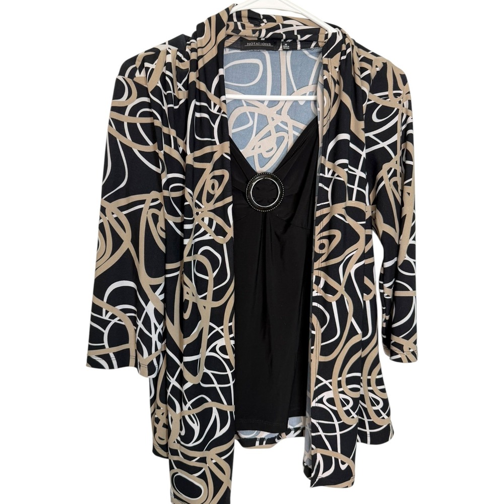 Notations M Black Abstract Swirl 2-in-1 Cardigan Top O-Ring Accent Officecore